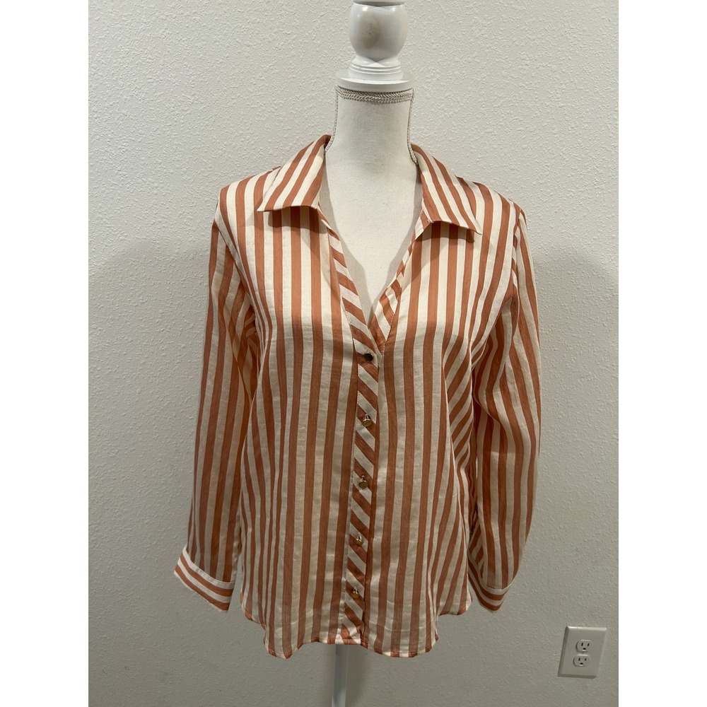 Zara Womens Small Rust Cream Striped Button Down Shirt Long Sleeve Lightweight